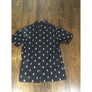 Stussy Short Sleeve Button Up Shirt Medium Black Geometric Print Vintage EUC